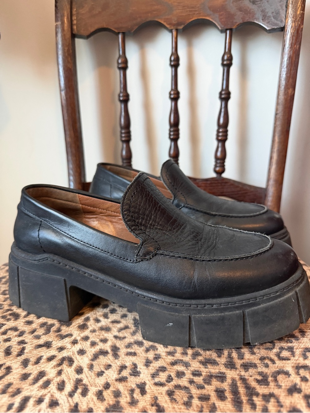 Black Chunky Platform Leather Loafers - woman